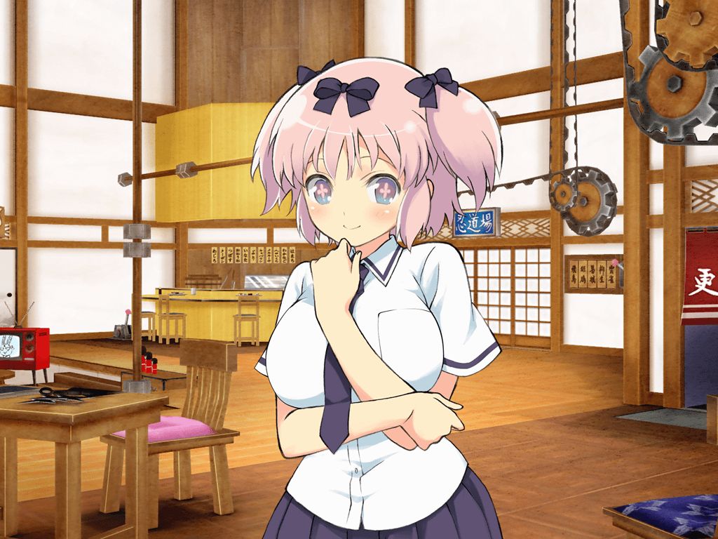 +_+ 1girl architecture arm_under_breasts blue_eyes blue_necktie blue_skirt blush bow breast_pocket breasts buttons chain chair closed_mouth crt e-hentai_sample east_asian_architecture flower-shaped_pupils gears hair_bow hanzou_academy_school_uniform hibari_(senran_kagura) image_sample large_breasts lever looking_at_viewer miniskirt necktie ninto_(senran_kagura) official_art pink_hair pink_pupils pleated_skirt pocket school_uniform senran_kagura senran_kagura_new_link senran_kagura_shoujo-tachi_no_shin&#039;ei shirt short_hair short_sleeves short_twintails shouji skirt sliding_doors smile solo symbol-shaped_pupils table twintails white_shirt wooden_chair wooden_floor wooden_table yaegashi_nan