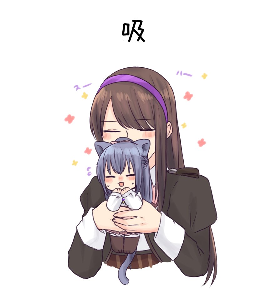 2girls :3 =_= animal_ears assault_lily blush boots bow bowtie braid brown_footwear brown_hair brown_jacket brown_skirt carrying carrying_person cat_ears cat_girl cat_tail closed_eyes collared_shirt commentary covered_mouth flower_symbol flying_sweatdrops fukuyama_jeanne_sachie grey_hair hair_bow hairband half_up_braid half_updo hand_to_own_mouth hands_up jacket juliet_sleeves kemonomimi_mode kishimoto_maria_mirai long_hair long_sleeves ludvico_private_girls&#039;_academy_school_uniform mini_person minigirl miniskirt multiple_girls nigari_(ngari_0115) open_mouth pantyhose paw_shoes pink_bow pink_bowtie puffy_sleeves purple_hairband school_uniform shirt simple_background skirt sweatdrop symbol-only_commentary tail translated underbust white_background white_pantyhose white_shirt