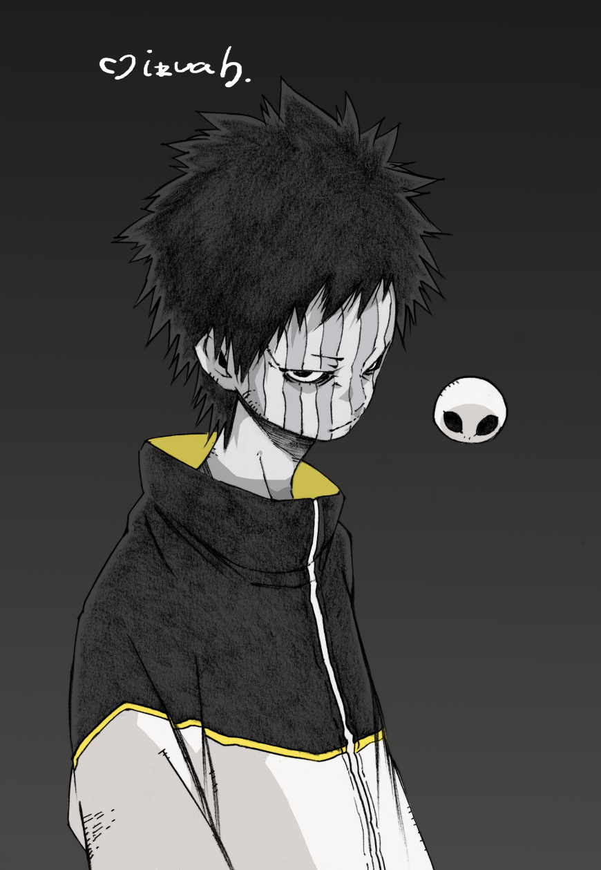 1boy alien bad_id bad_pixiv_id black_background black_hair bodypaint frown gradient_background highres jersey looking_at_viewer makkamu male_focus monochrome original short_hair signature solo spot_color striped upper_body
