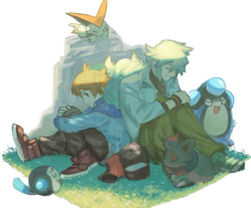 2boys baseball_cap black_pants blue_jacket bracelet brown_hair brown_pants closed_eyes collared_jacket commentary gen_5_pokemon grass green_hair hat hilbert_(pokemon) hugging_own_legs jacket jewelry legendary_pokemon long_hair looking_back male_focus multiple_boys mythical_pokemon n_(pokemon) nintendo open_clothes open_shirt outdoors palpitoad pants parted_bangs pokemon pokemon_(creature) pokemon_bw ponytail popped_collar red_hat red_shoes shirt shoes sitting smile symbol-only_commentary tftf649e tympole unworn_headwear victini white_shirt zorua