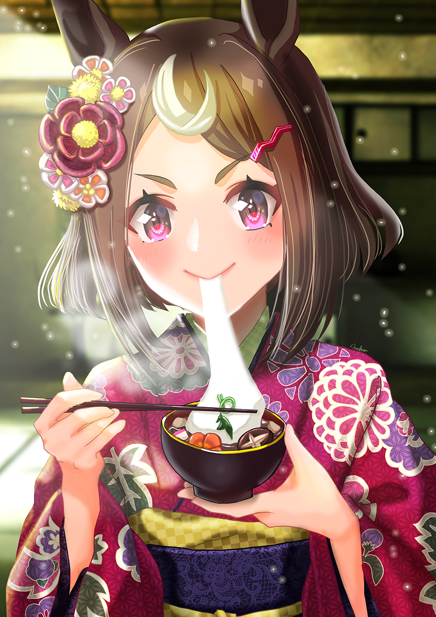 1girl alternate_costume blush bowl brown_hair chopsticks commentary_request floral_print floral_print_kimono flower food hair_flower hair_ornament hairclip highres holding holding_bowl holding_chopsticks horse_girl japanese_clothes kimono light_particles long_sleeves looking_at_viewer mochi multicolored_hair mushroom new_year obi otono_(bkt4b) pink_kimono print_kimono purple_eyes sash short_hair smile solo streaked_hair tsurumaru_tsuyoshi_(umamusume) umamusume upper_body v-shaped_eyebrows zouni_soup
