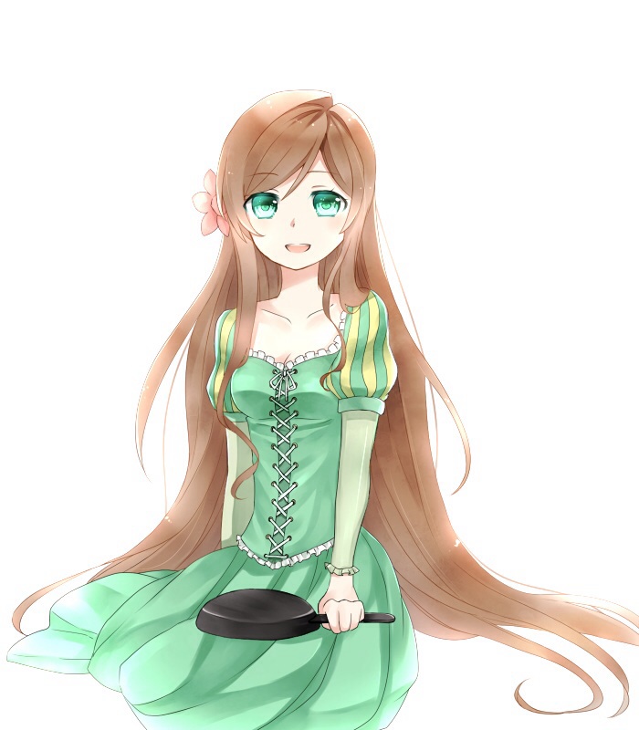 1girl :d akanagi_(animenijigen) axis_powers_hetalia bad_id bad_pixiv_id breasts brown_hair cosplay dress female_focus flower frying_pan green_eyes hair_flower hair_ornament hungary_(hetalia) long_hair open_mouth puffy_sleeves rapunzel_(disney) rapunzel_(disney)_(cosplay) small_breasts smile solo tangled very_long_hair