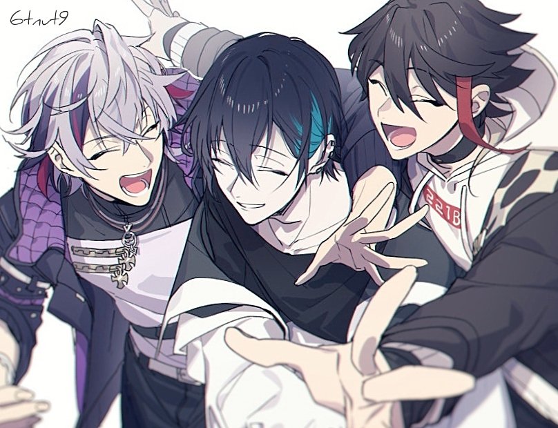 3boys 6tnut9 :d ^_^ aqua_hair belt belt_buckle black_choker black_hair black_jacket black_pants black_shirt brown_hair buckle choker closed_eyes collarbone crossed_bangs drawstring ear_piercing earrings fuwa_minato fuwa_minato_(1st_costume) gradient_hair grey_hair hair_behind_ear hair_between_eyes happy hood hood_down hooded_jacket hoodie hug jacket jacket_over_hoodie jewelry long_sleeves lower_teeth_only majors_(nijisanji) male_focus mayuzumi_kai mayuzumi_kai_(1st_costume) multicolored_hair multicolored_jacket multiple_boys necklace nijisanji off_shoulder open_clothes open_jacket open_mouth outstretched_arms pants parted_lips piercing pink_hair purple_hair red_hair saegusa_akina saegusa_akina_(1st_costume) shirt short_hair simple_background smile streaked_hair teeth two-tone_jacket virtual_youtuber white_background white_belt white_hoodie white_jacket white_shirt