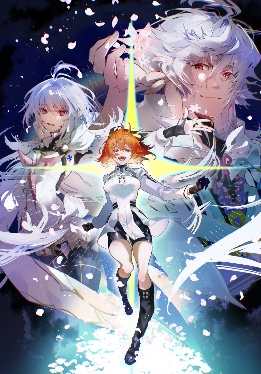 1boy 2girls ahoge black_gloves black_pants breasts center_frills chaldea_uniform dress fate/grand_order fate_(series) fingerless_gloves flower flower_knot frills fujimaru_ritsuka_(female) fujimaru_ritsuka_(female)_(decisive_battle_chaldea_uniform) gloves hair_between_eyes hair_ornament hanako_(onikutabetaiyo) highres hood hooded_robe jacket long_hair long_sleeves looking_at_viewer medium_breasts merlin_(fate) merlin_(fate/prototype) merlin_(second_ascension)_(fate/prototype) multiple_girls official_alternate_costume open_mouth orange_eyes orange_hair pants petals purple_eyes red_eyes ribbon robe short_hair smile very_long_hair white_dress white_hair white_hood white_jacket white_robe wide_sleeves