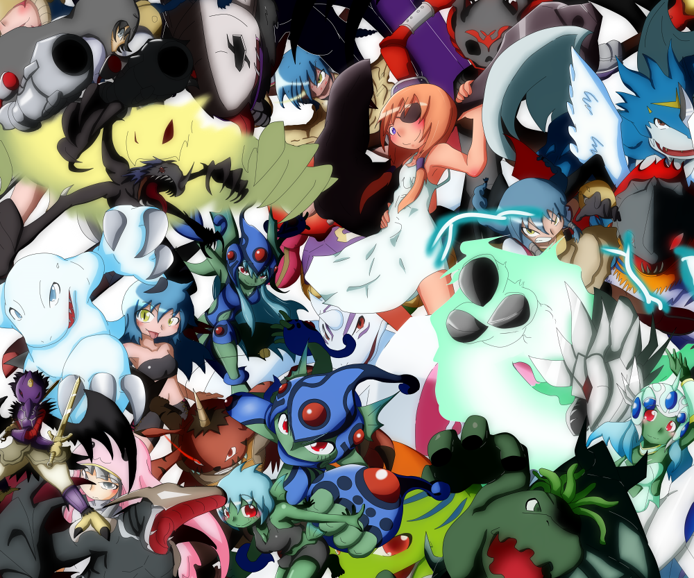 betamon braid chimairamon claws covered_eyes cyberdramon digimon digimon_(creature) eyepatch fins frog_girl helmet horns karatenmon long_hair mask millenniumon minervamon monster_girl morishellmon original ranamon red_eyes sistermon_blanc skullsatamon wings xv-mon yukiagumon