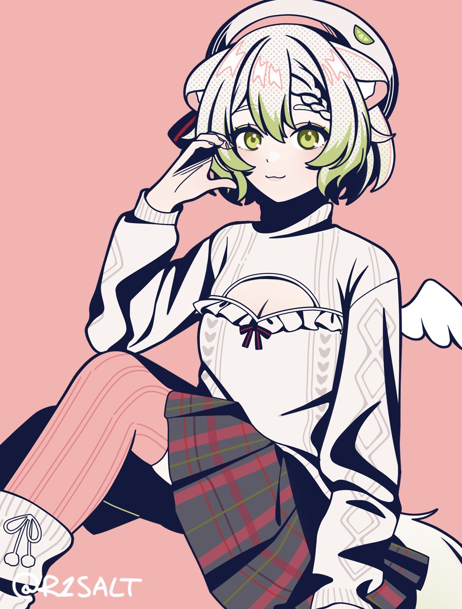 1girl animal_ears beret braid breasts cleavage_cutout clothing_cutout ferret ferret_ears ferret_girl ferret_tail food fruit gradient_hair green_eyes green_hair green_nails hair_between_eyes half-heart_hands hat heart heart_hands highres indie_virtual_youtuber laimu_(vtuber) laimu_(vtuber)_(winter) lime_(fruit) lime_slice mini_wings multicolored_hair pink_nails pink_thighhighs plaid_clothes plaid_skirt r2salt ribbon skindentation skirt small_breasts socks sweater thighhighs turtleneck turtleneck_sweater two-tone_hair uwu vinesauce virtual_youtuber white_hair wings zettai_ryouiki