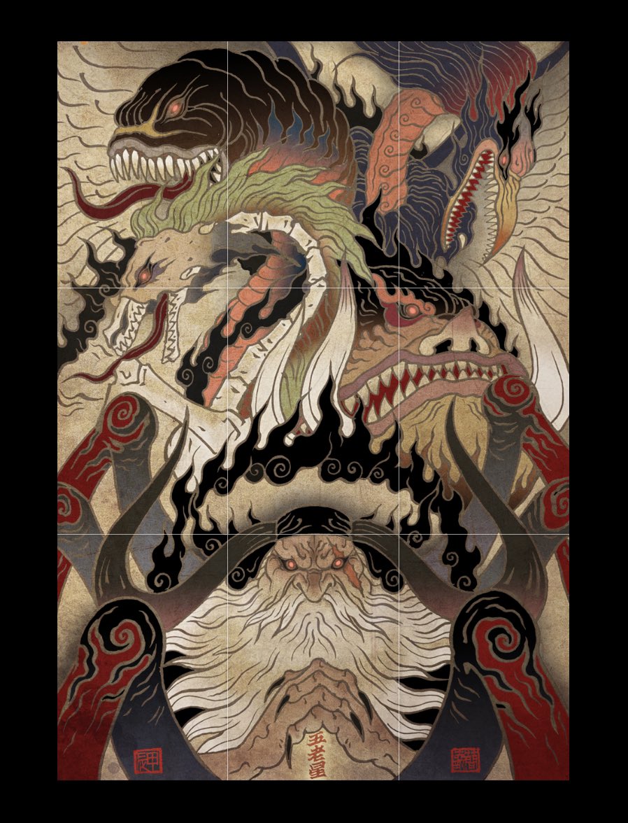 5boys alternate_form bakotsu_(youkai) beard bird black_fire boar chien_chih_kang claws ethan-baron_v._nusjuro facial_hair fine_art_parody fire hagoromo horns horse itsumade_(youkai) jaygarcia_saturn long_beard long_hair male_focus marcus_mars monster_boy multiple_boys mustache nihonga no_humans old old_man one_piece open_mouth own_hands_together parody red_eyes scar scar_across_eye scar_on_face sharp_teeth shawl shepherd_ju_peter skeleton spider_boy teeth topman_warcury tusks ukiyo-e ushi-oni_(youkai) white_hair worm