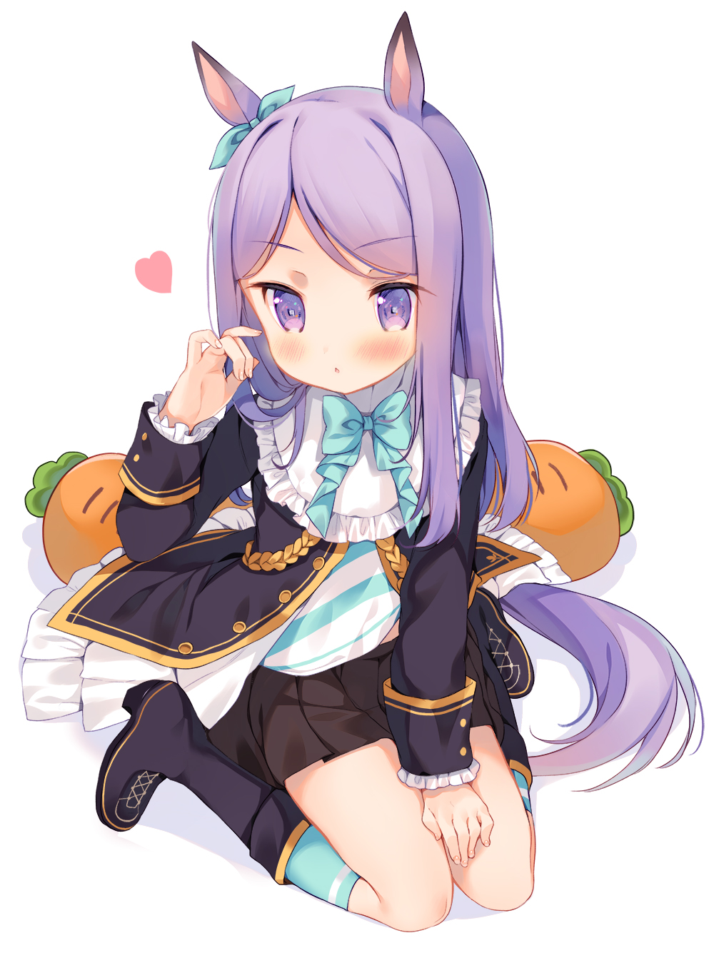 1girl animal_ears black_skirt blue_bow blue_bowtie blue_ribbon blue_shirt blue_socks blush boots bow bowtie commentary ear_ribbon english_commentary full_body hand_up heart highres horse_ears horse_girl horse_tail jacket kneehighs long_hair long_sleeves mejiro_mcqueen_(umamusume) open_clothes open_jacket open_mouth parted_bangs pleated_skirt purple_boots purple_eyes purple_hair purple_jacket ribbon senmen_kinuko shirt sitting skirt socks solo striped_clothes striped_shirt tail two-tone_shirt umamusume white_background white_shirt