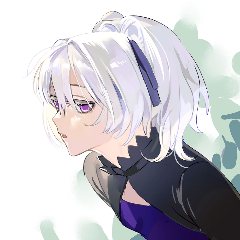 1girl black_choker blue_ribbon choker darker_than_black hair_ribbon half-closed_eyes nykim0915 open_mouth purple_eyes ribbon solo upper_body white_hair yin_(darker_than_black)