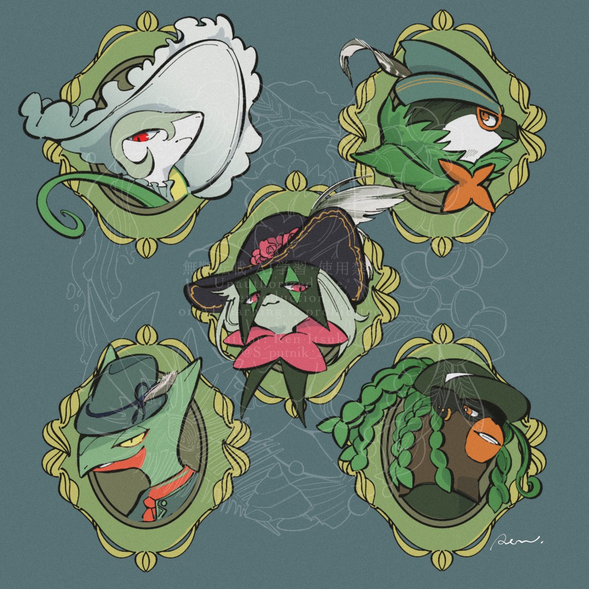 5others ambiguous_gender braid decidueye feathers gen_3_pokemon gen_5_pokemon gen_7_pokemon gen_8_pokemon glasses green_background green_theme hat hat_feather highres meowscarada multiple_others nintendo no_humans pokemon pokemon_(creature) rendoll rillaboom sceptile serperior