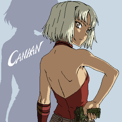 1girl 428 428:_fuusa_sareta_shibuya_de bare_shoulders bob_cut brown_eyes canaan_(character) canaan_(series) choker chunsoft female_focus flat_chest gun halterneck handgun looking_back lowres pistol short_hair solo weapon white_hair yuhiko yuuya_(yu-ya&#039;s)