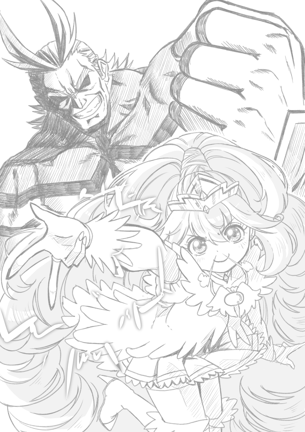 1boy 1girl all_might blush boku_no_hero_academia boots choker clenched_hand commentary_request crossover cure_peace cure_peace_(princess_form) earrings eyelashes greyscale happy high_heel_boots high_heels highres jewelry jj_(ssspulse) kise_yayoi long_hair looking_at_viewer magical_girl monochrome precure short_hair simple_background sketch skirt smile smile_precure! thigh_boots thighhighs white_background wrist_cuffs