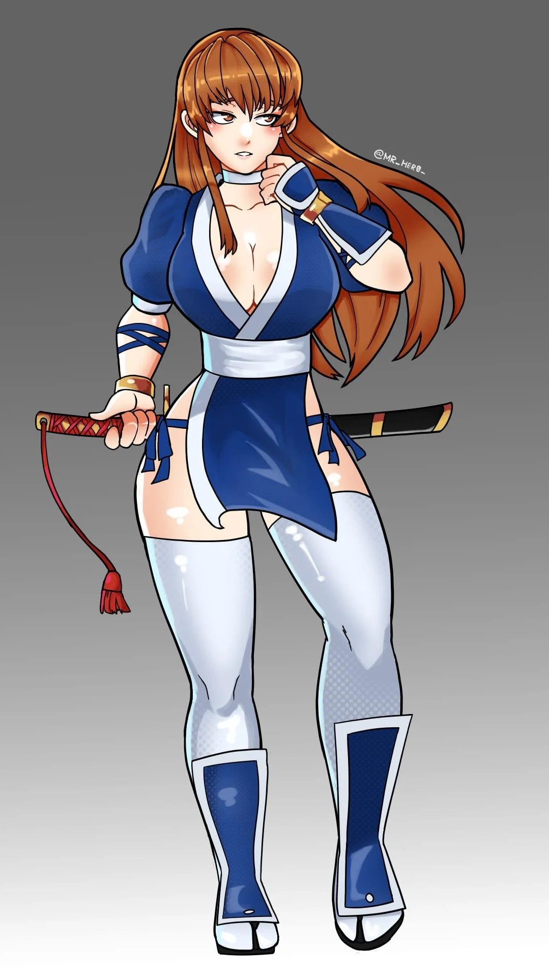1girl artist_name blush breasts brown_eyes brown_hair cleavage dead_or_alive kasumi_(doa) large_breasts long_hair looking_to_the_side mr_her0_ ninja pelvic_curtain short_sleeves sword teeth thighhighs weapon