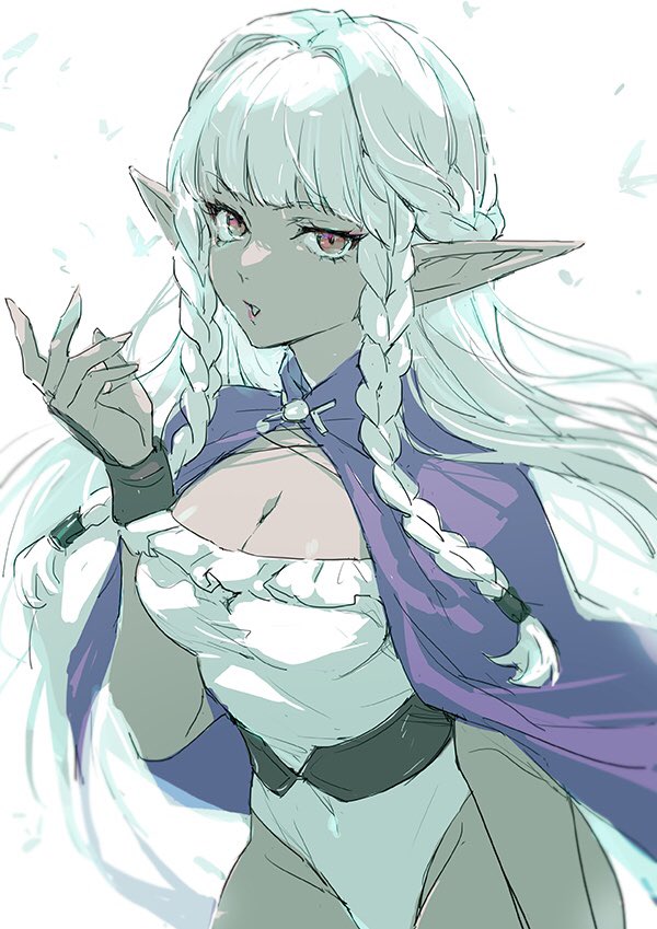 1girl :o aqua_hair belt braid breasts brown_belt cape cleavage commentary_request covered_navel dark_elf elf highleg highleg_leotard isa_(peien516) leotard looking_at_viewer medium_breasts pointy_ears purple_cape red_eyes rosalinde_(unicorn_overlord) simple_background solo strapless strapless_leotard twin_braids unicorn_overlord white_background white_leotard