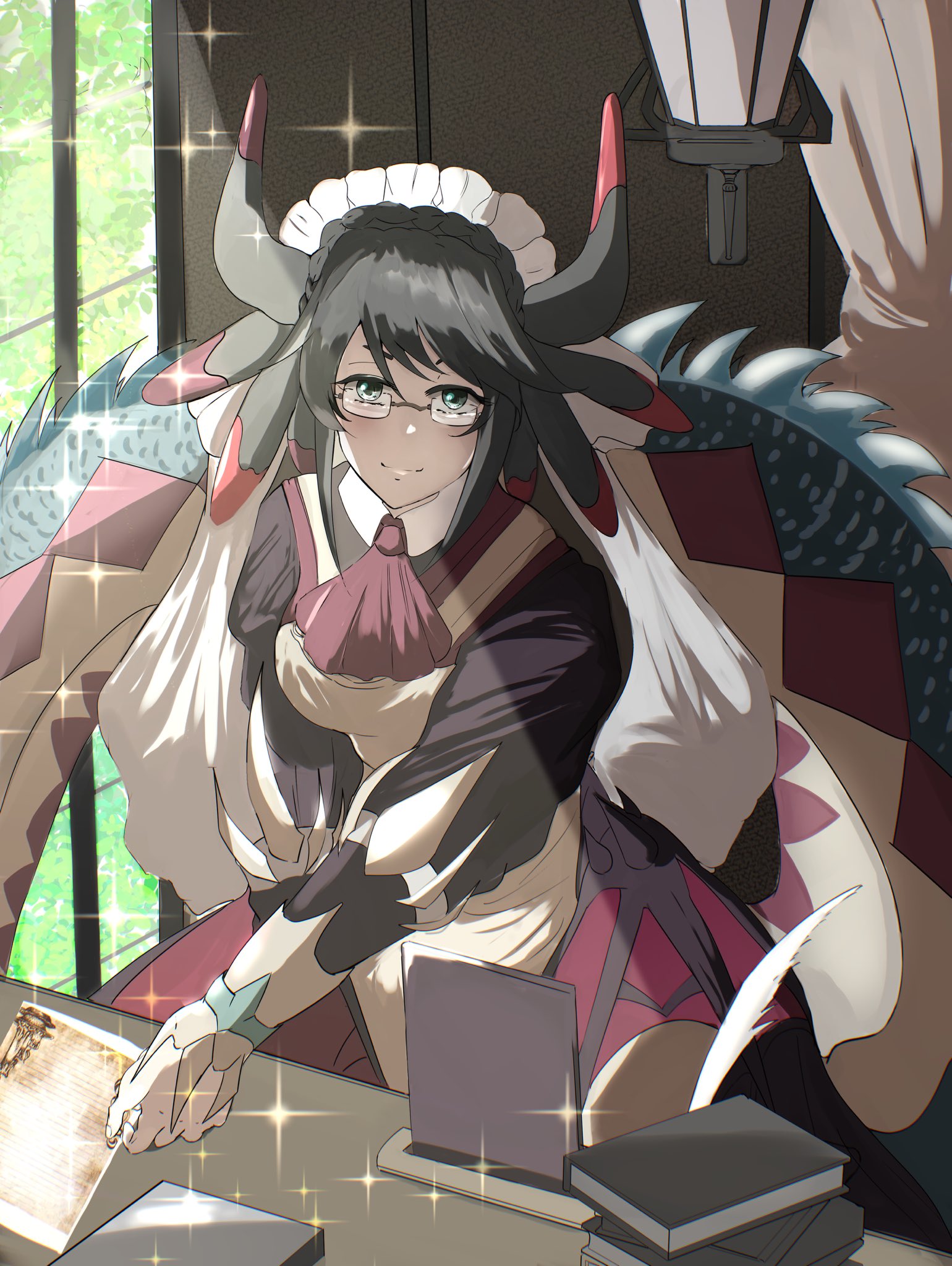 1girl black_dress black_hair book dragon_horns dragon_tail dress duel_monster glasses green_eyes highres horns house_dragonmaid indoors looking_at_viewer maid maid_headdress smile solo tail uragawai yu-gi-oh!