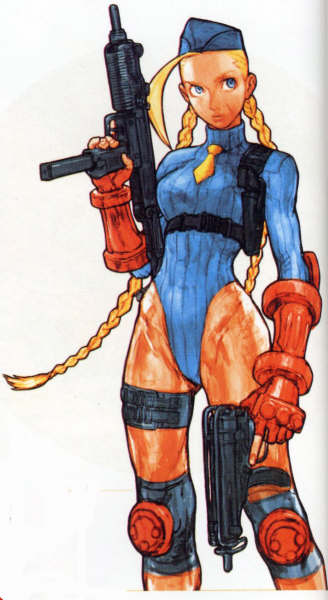 1990s_(style) 1girl ahoge alternate_costume asymmetrical_dual_wielding beret blonde_hair blue_eyes blue_hat blue_leotard braid buckle cammy_white capcom dual_wielding fingerless_gloves garrison_cap gloves gun gunspike hat holding holding_gun holding_weapon huge_ahoge knee_pads leotard machine_gun necktie nishimura_kinu official_art personal_defense_weapon retro_artstyle scan scan_artifacts skorpion_vz._61 sleeved_leotard snap-fit_buckle street_fighter submachine_gun trigger_discipline twin_braids uzi weapon