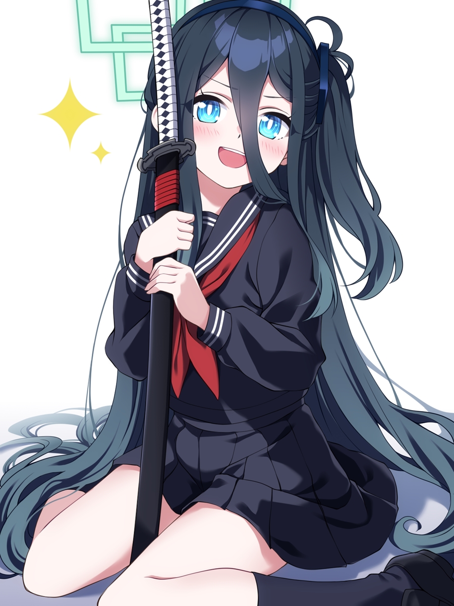 1girl aris_(blue_archive) black_hair black_serafuku black_shoes black_skirt black_socks blue_archive blue_eyes blush buta_(dhakaoat) commentary_request cosplay hair_between_eyes halo highres holding holding_sheath holding_sword holding_weapon long_bangs long_hair long_sleeves looking_at_viewer miniskirt neckerchief ohitome_kohane ohitome_kohane_(cosplay) one_side_up open_mouth project_kv rectangular_halo red_neckerchief school_uniform serafuku sheath sheathed shoes simple_background sitting skirt smile socks solo sparkle sword v-shaped_eyebrows very_long_hair wariza weapon white_background