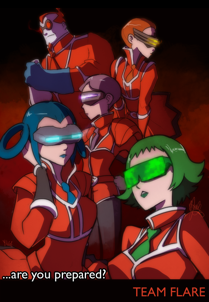 10s 1boy 4girls aliana_(pokemon) blue-tinted_eyewear blue_hair bryony_(pokemon) celosia_(pokemon) green-tinted_eyewear green_hair mable_(pokemon) multiple_girls nintendo pokemon pokemon_xy purple-tinted_eyewear red_hair sunglasses team_flare tinted_eyewear visor xerosic_(pokemon) yellow-tinted_eyewear