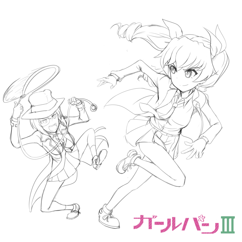 10s 2girls adapted_costume anchovy_(girls_und_panzer) arsene_lupin_iii arsene_lupin_iii_(cosplay) blazer cosplay dress_shirt drill_hair fedora girls_und_panzer hair_ribbon hat holding_lasso jacket jigen_daisuke jigen_daisuke_(cosplay) kawashima_momo lasso leg_up long_hair looking_at_another looking_back lupin_iii miniskirt monochrome monocle multiple_girls necktie nekota_susumu parody pleated_skirt ribbon shirt shoes short_hair sketch skirt smirk socks title_parody twin_drills twintails zenigata_kouichi