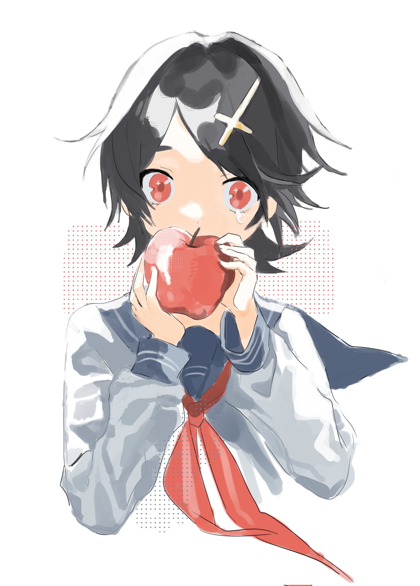 1984_(cw1000110) 1girl apple black_hair blouse blue_sailor_collar cropped_torso cross_hair_ornament food fruit fuura_kafuka hair_ornament highres holding holding_food holding_fruit long_sleeves looking_at_viewer neckerchief parted_bangs red_eyes red_neckerchief sailor_collar sayonara_zetsubou_sensei school_uniform serafuku shirt short_hair simple_background solo tears upper_body white_background white_shirt