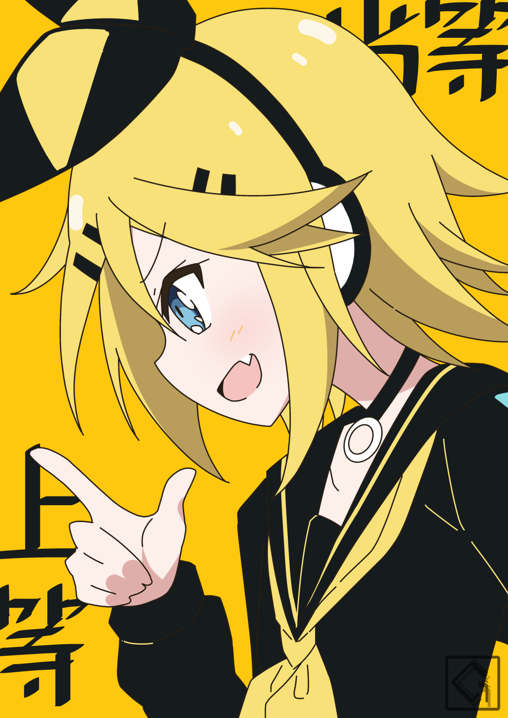1girl artist_logo black_bow black_collar black_shirt blonde_hair blue_eyes bow collar collared_shirt commentary fang from_side giryu hair_bow hair_ornament hairclip headphones highres index_finger_raised kagamine_rin light_blush logo neckerchief open_mouth orange_background pendant_choker rettou_joutou_(vocaloid) school_uniform shirt short_hair smile solo song_name upper_body vocaloid yellow_bow yellow_neckerchief