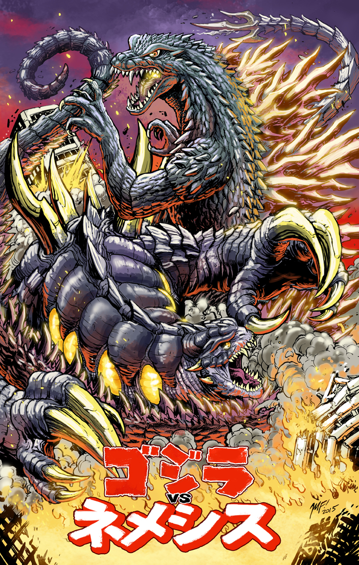 battle crossover dinosaur energy fight fighting fire giant giant_monster glowing godzilla godzilla_(series) godzilla_2000:_millennium kaiju matt_frank monster nemesis_(project_nemesis) project_nemesis project_nemesis_(series) toho