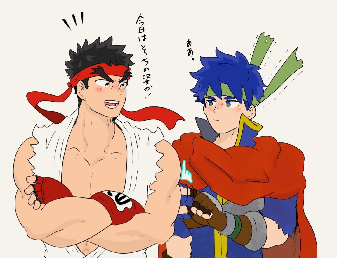 2boys black_hair blue_eyes blue_hair cape commentary_request crossed_arms dougi fire_emblem fire_emblem:_path_of_radiance hand_guard headband ike_(fire_emblem) male_focus multiple_boys muscular muscular_male nintendo pectoral_cleavage pectorals red_cape ryu_(street_fighter) simple_background street_fighter super_smash_bros. torn_clothes torn_sleeves translation_request upper_body white_background ya_tudoki15