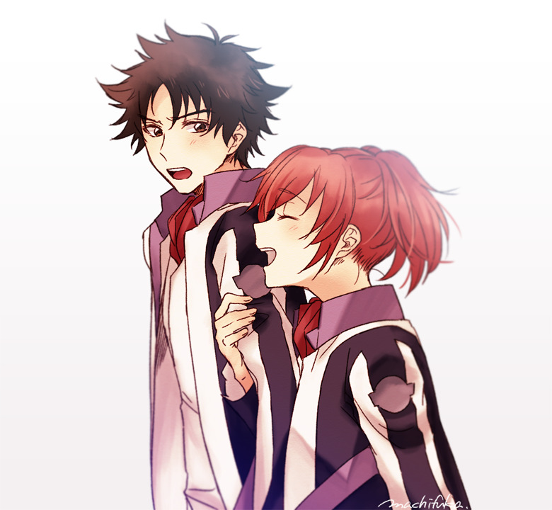 1boy 1girl ^_^ black_hair blush brown_eyes closed_eyes jacket locked_arms long_sleeves machi_fuka mikado_reo mikagami_mimika open_mouth red_hair short_hair short_twintails signature simple_background soukyuu_no_fafner spiked_hair twintails white_background