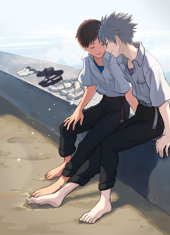 2boys barefoot belt black_pants blue_shirt brown_belt closed_eyes closed_mouth collared_shirt commentary_request ikari_shinji kannunu male_focus multiple_boys nagisa_kaworu neon_genesis_evangelion oversized_belt pants pants_rolled_up pocket purple_shirt shirt shirt_tucked_in shoes sitting unworn_shoes white_belt white_shirt yaoi