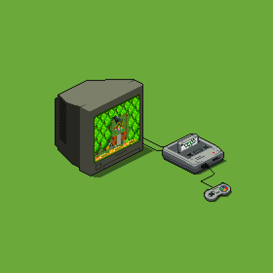 1boy 2girls animated animated_gif character_request game_console green_background isometric multiple_girls nintendo pixel_art seiken_densetsu seiken_densetsu_2 super_famicom super_famicom_cartridge super_famicom_gamepad television wanpaku_pixels