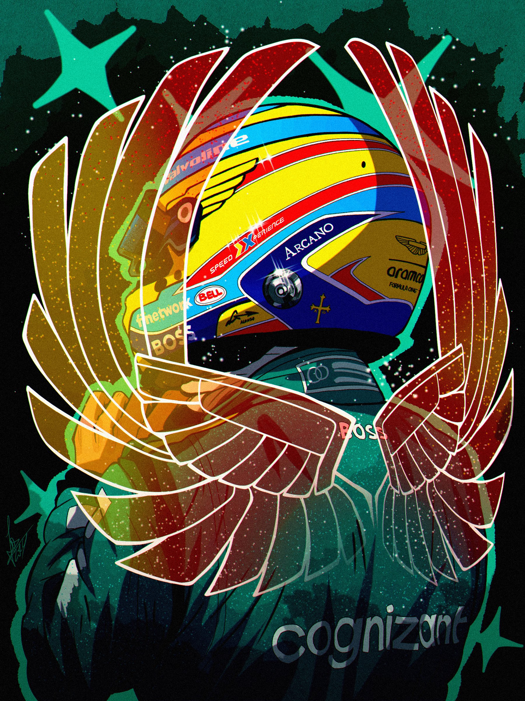 1boy absurdres commentary fernando_alonso formula_one from_behind glint green_jacket highres hologram jacket male_focus racing_suit real_life schumisnoopy solo sparkle sponsor star_(sky) symbol-only_commentary wings