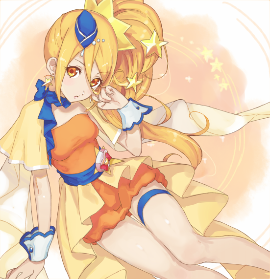 1girl blonde_hair blue_hat capelet cure_etoile dress hair_between_eyes hair_ornament hat hugtto!_precure long_hair mini_hat orange_dress overskirt precure shiny_skin short_dress side_ponytail solo star_(symbol) star_hair_ornament strapless strapless_dress thigh_strap urabe_(mstchan) very_long_hair wrist_cuffs yellow_capelet yellow_eyes