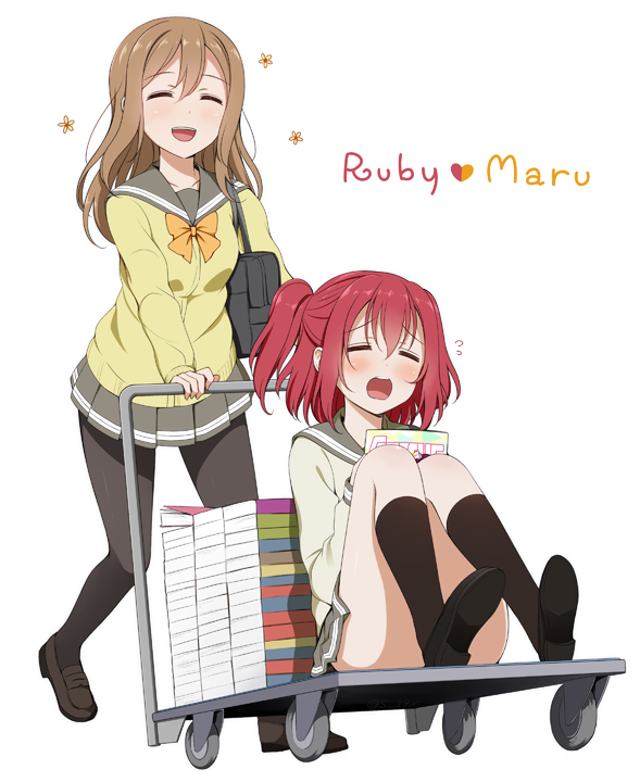 10s 2girls =_= ^_^ bag blush book brown_hair character_name closed_eyes flying_sweatdrops heart kunikida_hanamaru kurosawa_ruby long_hair love_live! love_live!_sunshine!! magazine_(object) multiple_girls open_mouth pantyhose platform_truck pleated_skirt pushing red_hair school_bag school_uniform serafuku sitting skirt smile suzume_miku twintails