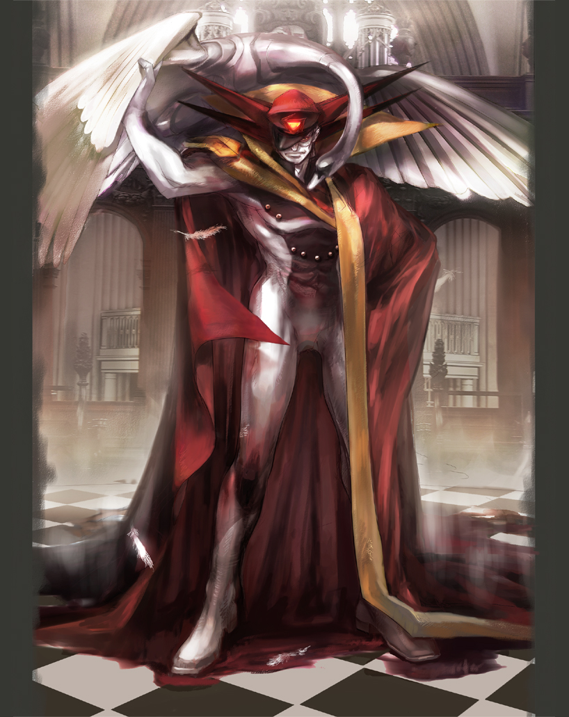 bird braiking_boss cape casshern_(series) casshern_sins colored_skin full_body grey_skin hat hideaki indoors red_headwear robot scarf standing swan tile_floor tiles yellow_scarf