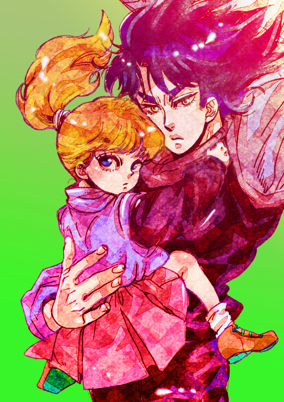 1980s_(style) 1boy 1girl baoh baoh_raihousha blue_hair hashizawa_ikurou long_hair retro_artstyle ponytail retro_artstyle sumire_(baoh) yonko-kiti