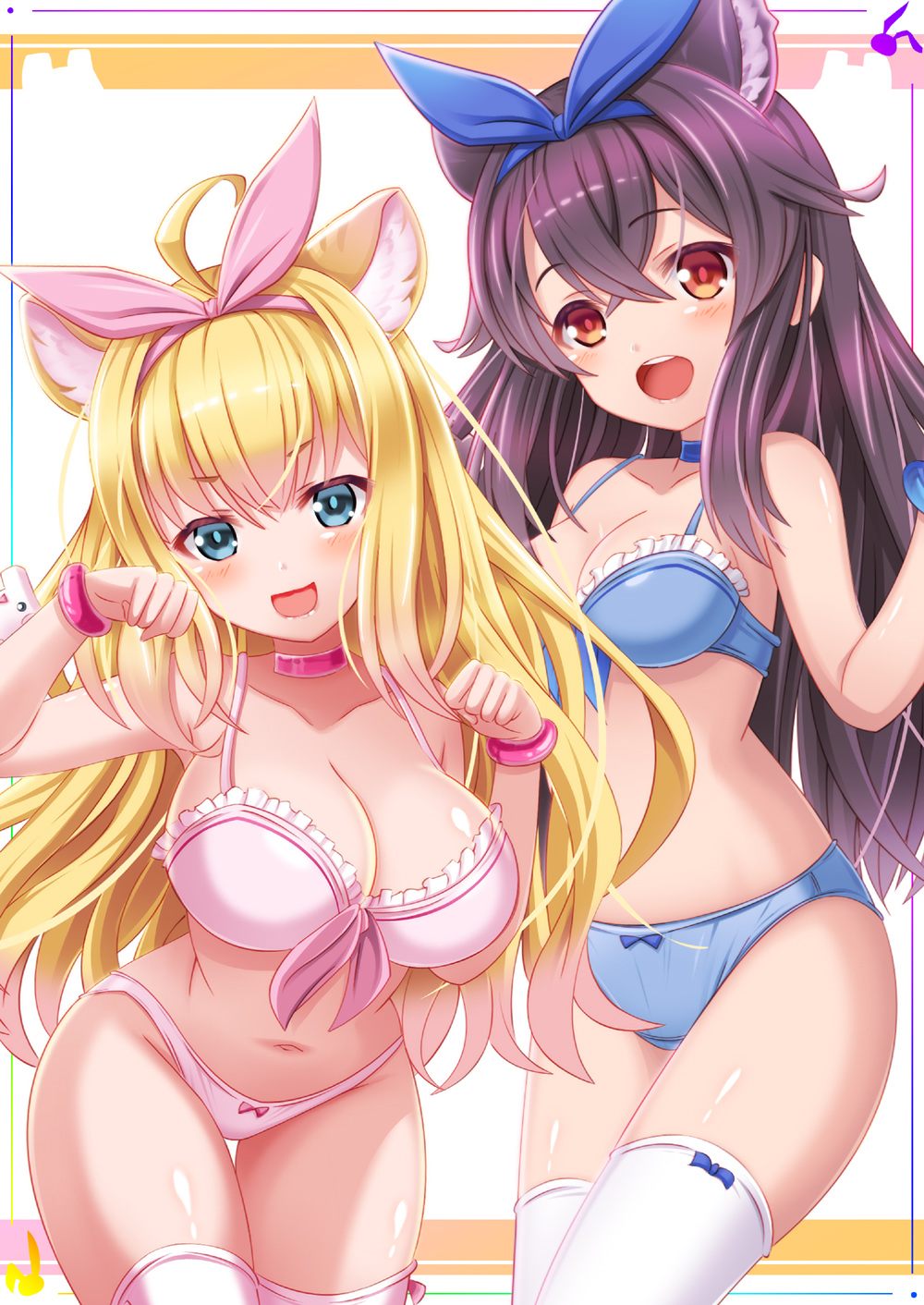 2girls :d animal_ear_fluff animal_ears bare_shoulders blonde_hair blue_bra blue_eyes blue_panties blue_ribbon bow bow_panties bra breasts brown_eyes brown_hair cleavage collarbone comiket_106 commentary_request frilled_bra frills hair_between_eyes hair_ribbon highres large_breasts long_hair medium_breasts multiple_girls navel open_mouth original panties paw_pose pink_bra pink_panties pink_ribbon pink_thighhighs ribbon smile thighhighs underwear underwear_only usaginezumi very_long_hair white_thighhighs