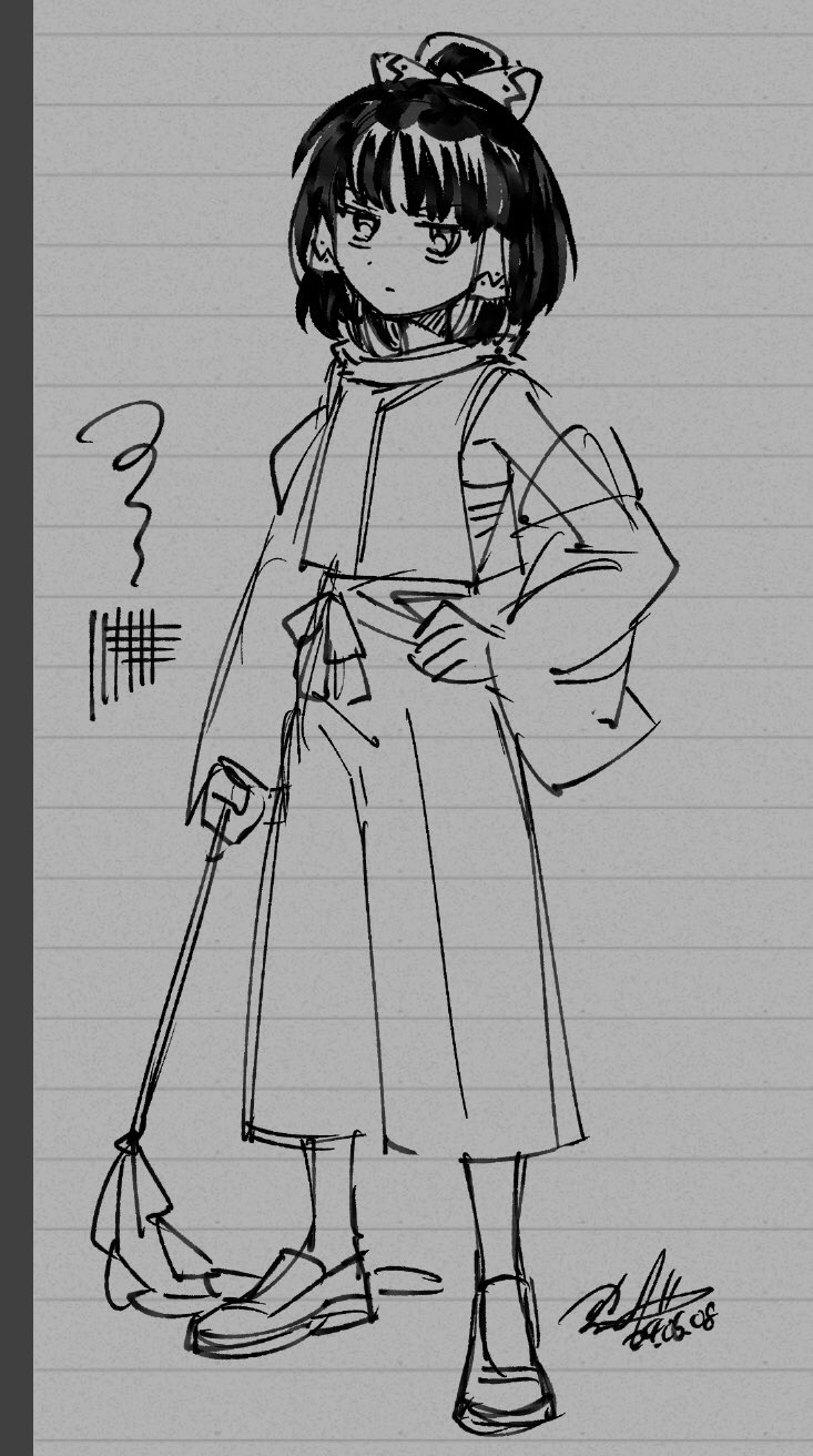 1boy annoyed bags_under_eyes bow genderswap genderswap_(ftm) gohei hair_bow hair_tubes hakurei_reimu hand_on_own_hip highres medium_hair monochrome nontraditional_miko shikido_(khf) signature solo standing touhou traditional_media