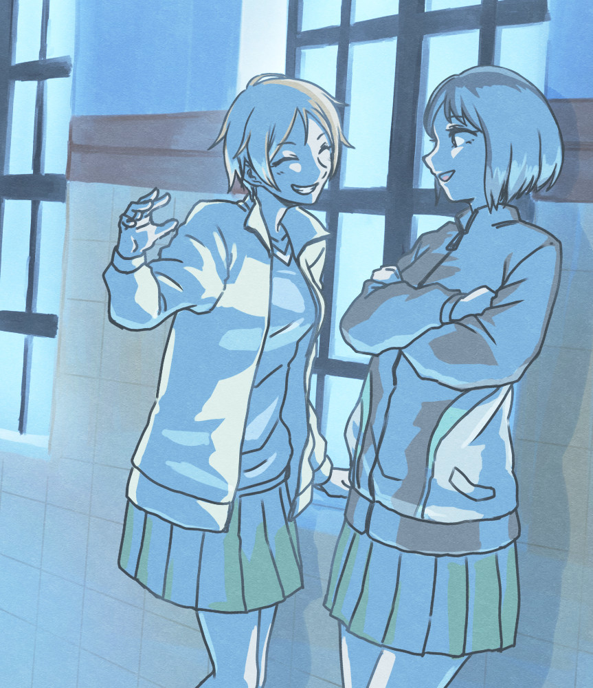amishima_matsuri closed_eyes commentary_request crossed_arms gari hand_up inamoto_miyu jacket looking_at_another okujou_no_yurirei-san open_mouth partially_colored pleated_skirt short_hair skirt smile sweater track_jacket yuri