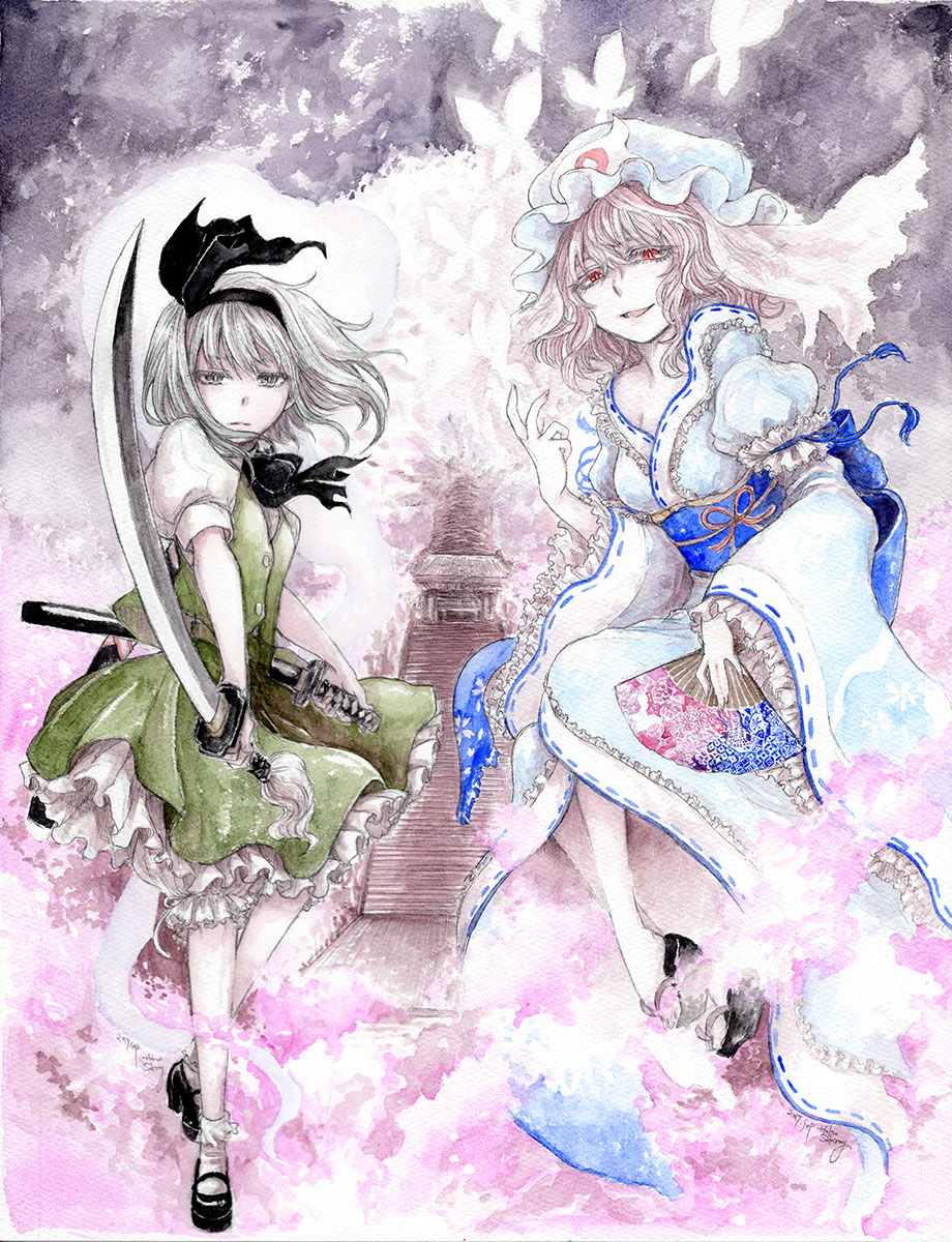 2girls ascot black_ascot black_footwear black_hairband blue_kimono bug butterfly folding_fan frills green_skirt green_vest grey_eyes hairband hakugyokurou hand_fan highres holding holding_sword holding_weapon insect japanese_clothes katana kimono konpaku_youmu konpaku_youmu_(ghost) mary_janes multiple_girls obi parted_lips pink_hair puffy_short_sleeves puffy_sleeves red_eyes saigyou_ayakashi saigyouji_yuyuko sakurai_haruto sash sheath shoes short_sleeves skirt stairs sword touhou vest weapon white_hair