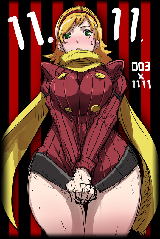 009_re:cyborg 10s 1girl blonde_hair blush breasts butcha-u curvy cyborg_009 female_focus francoise_arnoul green_eyes large_breasts long_hair pocky_day ribbed_sweater scarf shirt_tug sketch smiley_face solo sweat sweater thigh_gap wide_hips
