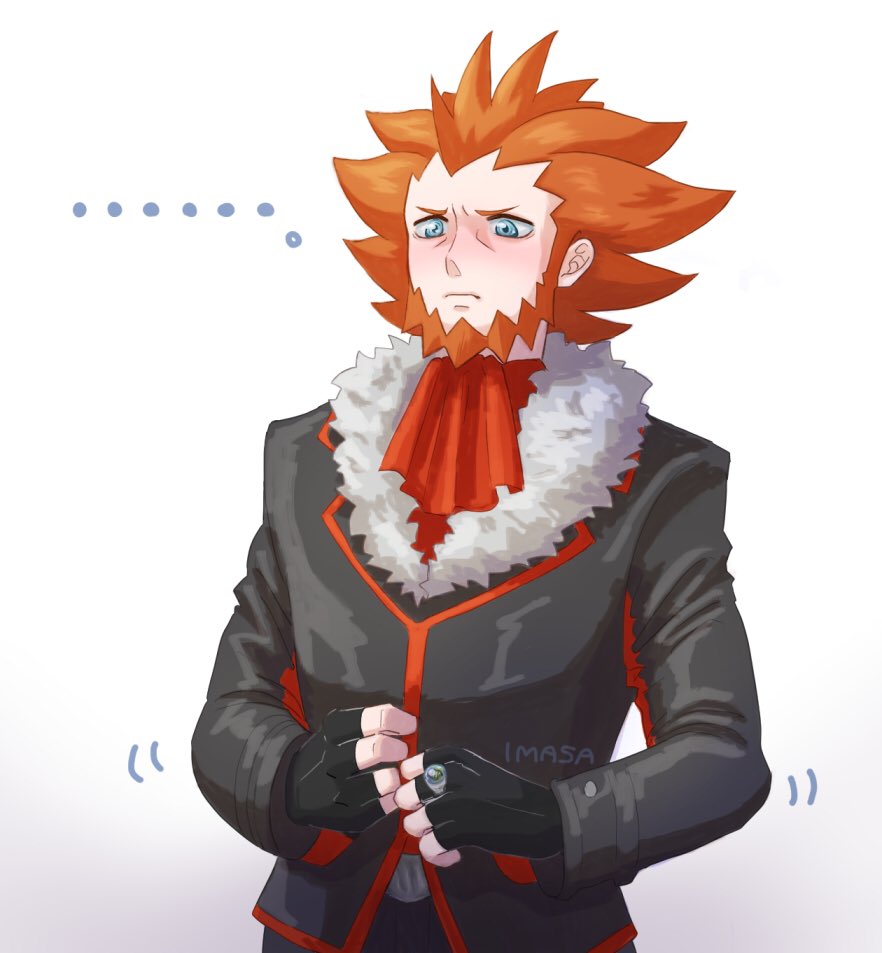 ... 1boy artist_name beard black_gloves blue_eyes blush closed_mouth commentary_request facial_hair fingerless_gloves frown fur-trimmed_jacket fur_trim gloves im_i_masa jacket jewelry lysandre_(pokemon) male_focus nintendo orange_hair pokemon pokemon_xy ring solo team_flare upper_body white_background