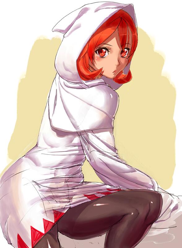 1girl ashiomi_masato brown_eyes closed_mouth final_fantasy final_fantasy_iii hood looking_at_viewer orange_hair pantyhose refia robe short_hair simple_background solo white_background white_mage_(final_fantasy)