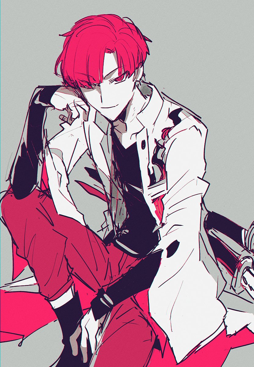 1boy black_footwear black_shirt collared_coat fate/grand_order fate_(series) grey_background hair_over_one_eye hand_on_own_face highres jacket long_sleeves looking_at_viewer male_focus memna_(renka_roll) pants red_eyes red_hair red_pants shirt short_hair sitting smile solo sword sword_on_back takasugi_shinsaku_(fate) takasugi_shinsaku_(first_ascension)_(fate) weapon weapon_on_back white_jacket