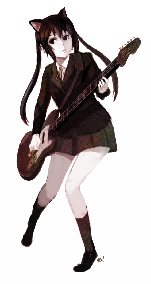 1girl animal_ears cat_ears female_focus gokotan guitar instrument k-on! long_hair monochrome nakano_azusa school_uniform solo white_background
