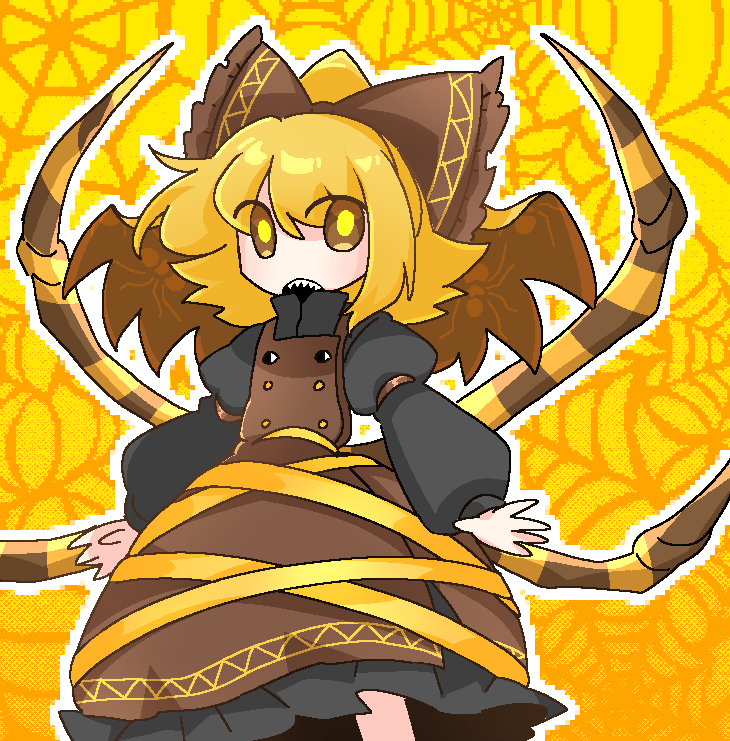 1girl arthropod_limbs blonde_hair bow brown_bow brown_dress brown_eyes dress hair_bow hashtag-only_commentary juliet_sleeves kurodani_yamame long_sleeves looking_at_viewer medium_hair open_mouth outline priswocaer puffy_sleeves sharp_teeth solo spider_web_background teeth touhou upper_teeth_only white_outline yellow_background