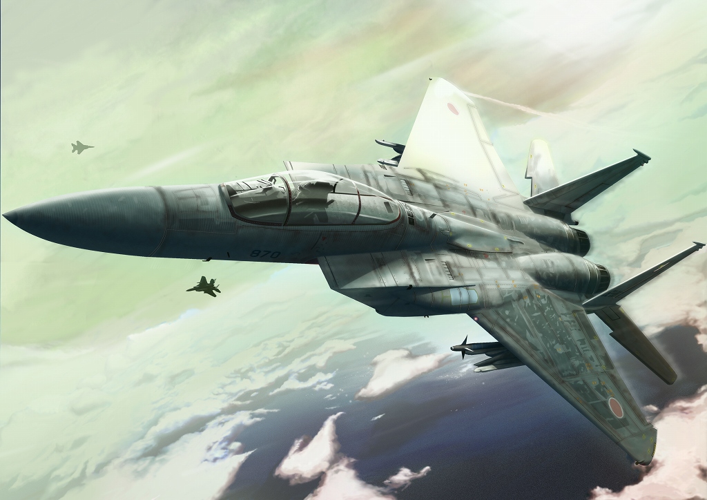 aim-9_sidewinder air-to-air_missile aircraft airplane amisu amisu_koubou bad_id bad_pixiv_id cloud f-15_eagle f-15j fighter_jet flying from_above japan_air_self-defense_force japan_self-defense_force kawamuraesi military military_vehicle missile ocean original pilot sky vehicle_focus wings