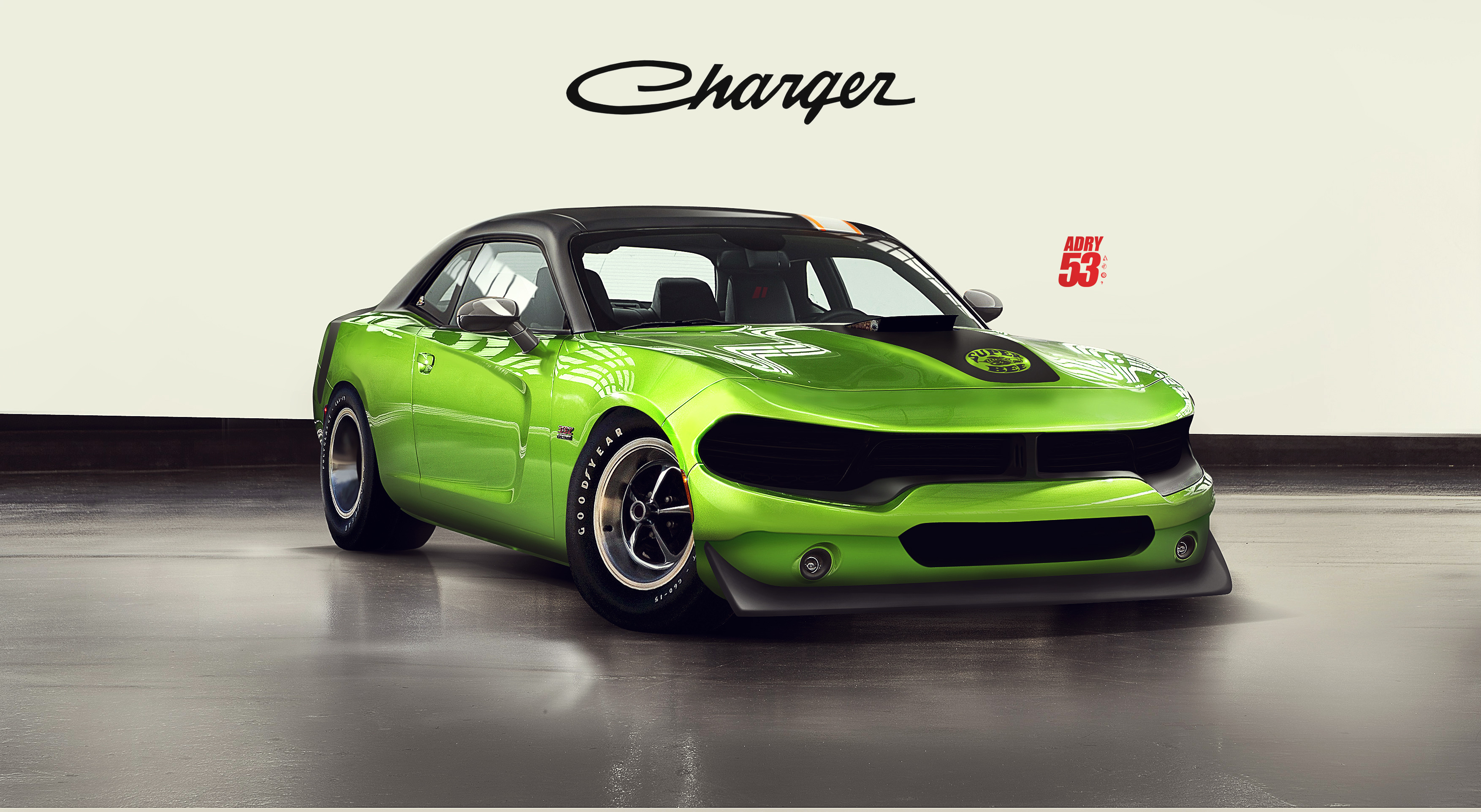 absurdres adry53 car commentary dodge_(company) dodge_charger dodge_charger_(7th_generation) english_commentary green_car highres indoors motor_vehicle muscle_car no_humans original redesign shadow vehicle_focus vehicle_name