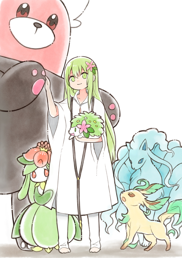 1other alolan_form alolan_ninetales barefoot bewear commentary_request crossover enkidu_(fate) fate/strange_fake fate_(series) flower gen_4_pokemon gen_5_pokemon gen_7_pokemon hair_flower hair_ornament holding holding_pokemon leafeon legendary_pokemon lilligant long_hair mythical_pokemon nintendo other_focus pants pokemon pokemon_(creature) robe shaymin shaymin_(land) white_pants white_robe wide_sleeves yoyo_9ea