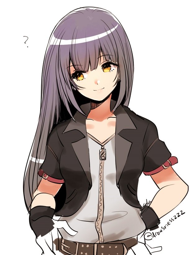 1girl ? belt belt_buckle black_jacket breasts buckle closed_mouth collarbone cropped_jacket female_focus hand_on_own_hip head_tilt jacket kingdom_hearts kingdom_hearts_unchained_x long_hair medium_breasts mizu_ramen open_clothes open_jacket orange_eyes purple_hair short_sleeves simple_background skuld_(kingdom_hearts) smile solo straight_hair twitter_username upper_body white_background zipper zipper_pull_tab