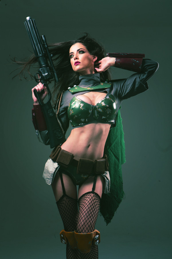 1girl armor black_hair boba_fett boba_fett_(cosplay) breasts cleavage cosplay female_focus genderswap genderswap_(mtf) gun nail_polish photo_(medium) solo star_wars tagme weapon